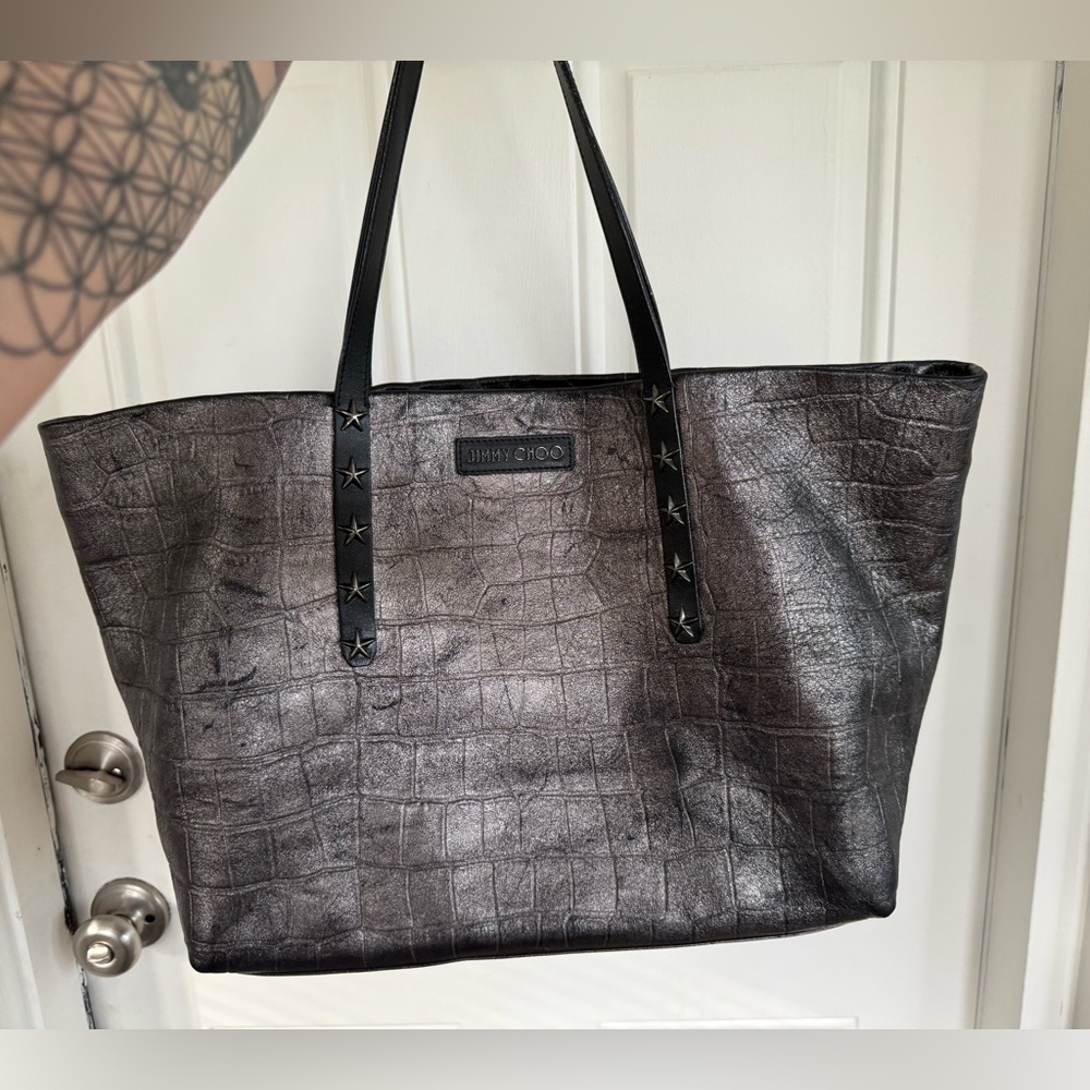 Jimmy Choo Metallic Black Croc-Embossed large Tote